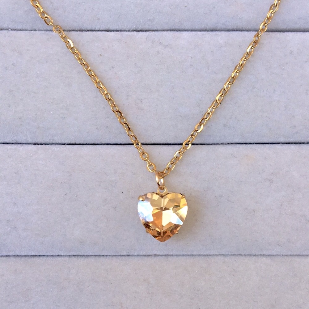 Champagne Topaz + Gold Crystal Heart Drop Necklace